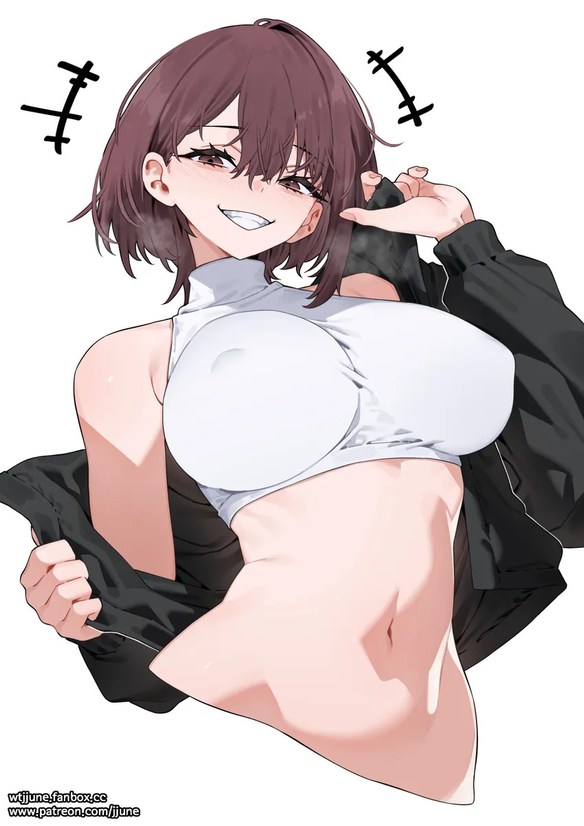 big breasts, brown eyes, brown hair, jjune, large breasts, navel, short hair, sleeveless, smiling, sweater, tagme, turtleneck