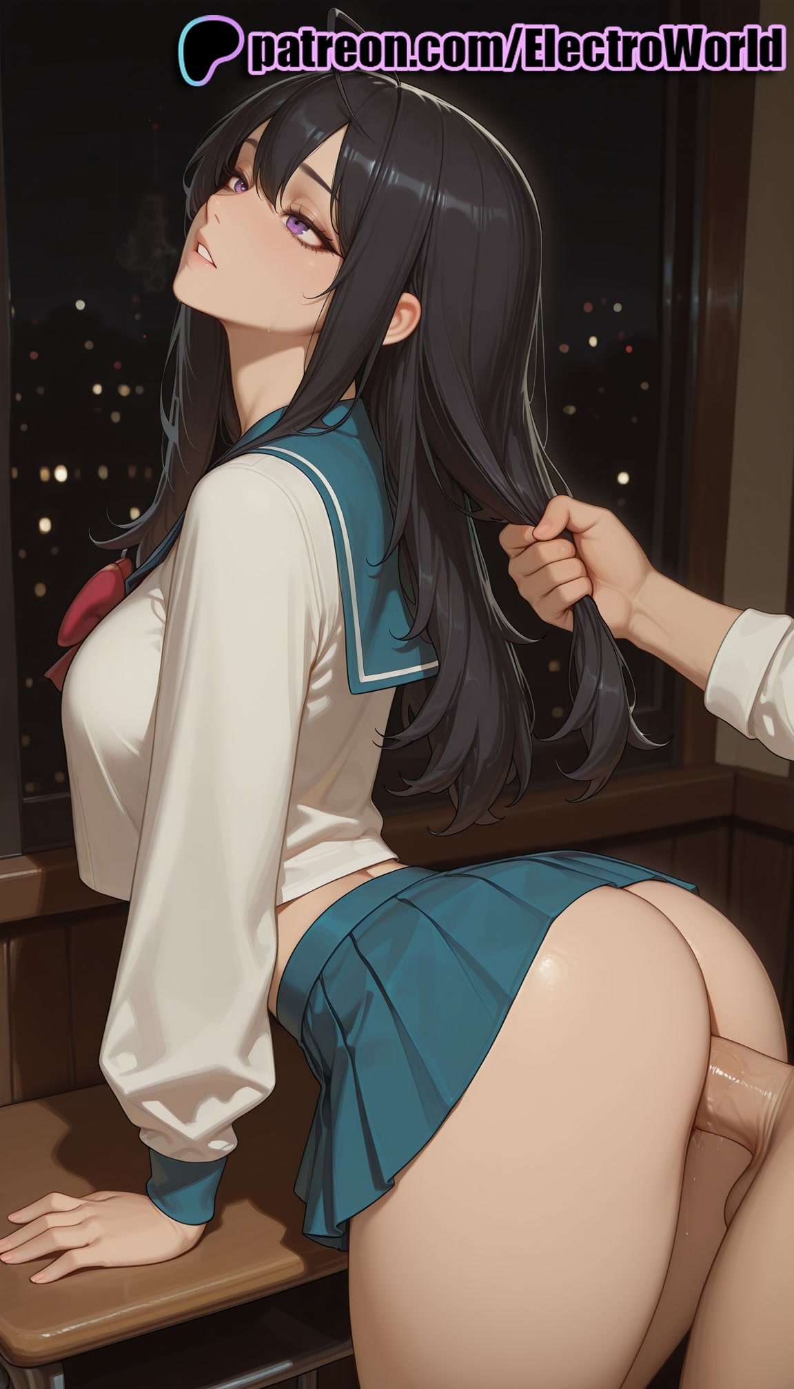 1boy, 1girls, 2025, act-age, ai generated, artist name, ass, black hair, blue sailor collar, breasts, bust, chest, clothed sex, cock, dick, electroworld, female, fucking, grabbing another's hair, hi res, high quality, high resolution, highres, intercourse, long hair, love making, male, patreon, patreon username, penetration, penis, purple eyes, sailor collar, school uniform, serafuku, sex, sex from behind, sexual intercourse, skirt, solo focus, stable diffusion, straight, uncensored, watermark, yonagi kei
