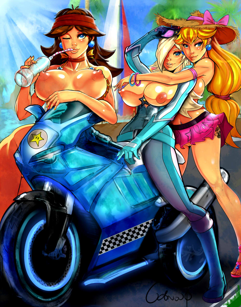 3girls, areola, armlet, bikini top, blonde hair, blue eyes, blush, bodysuit, boots, bow, bracelet, breasts, breasts out, brown hair, clothing, earrings, female, female only, getsketchy, gloves, hair over one eye, hat, jumpsuit, large breasts, long hair, looking at viewer, low-tied long hair, mario (series), mario kart, microskirt, motorcycle, multiple females, multiple girls, navel piercing, nintendo, nipples, no panties, open clothes, open toe shoes, outdoors, princess daisy, princess peach, princess rosalina, sandals, skirt, straw hat, sunlight, tattoo, tied hair, water bottle, wink