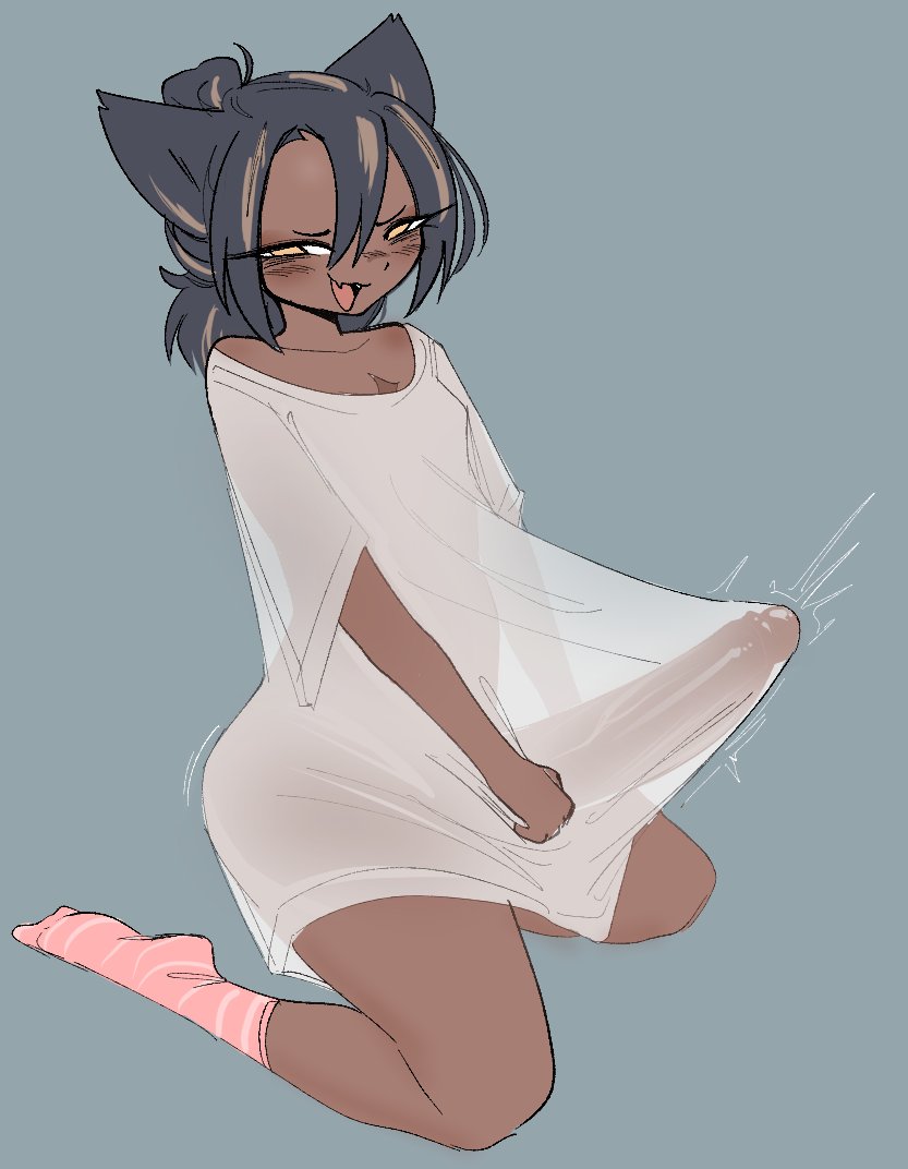 1futa, big cock, blush, breasts, dark skin, dark-skinned futa, erection under clothes, female, futanari, hard on, intersex, lae (tsuraiudon), on knees, open mouth, oversized clothes, oversized shirt, penis, pink socks, see-through, see-through clothing, small breasts, solo, tan body, tan skin, tenting, throbbing penis, tsuraiudon, wolf ears, wolf girl