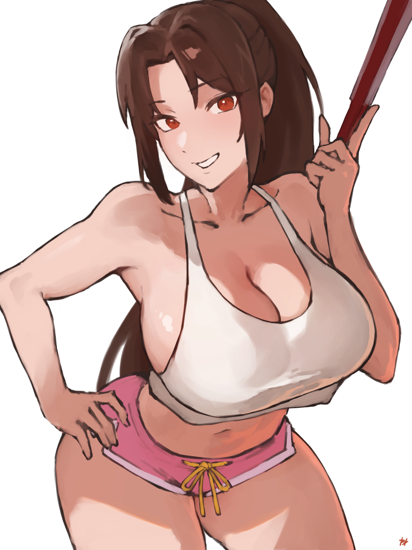 1girls, 2d, alternate costume, armpits, belly, belly button, big breasts, breasts, brown eyebrows, brown eyes, brown hair, brown-eyed female, brown-haired female, busty, busty female, cleavage, collarbone, curvy, curvy female, curvy hips, curvy thighs, elbows, exposed armpits, exposed arms, exposed belly, exposed legs, exposed midriff, exposed navel, exposed shoulders, exposed skin, exposed thighs, eyebrows visible through hair, fatal fury, female, female focus, female only, fingers, fukuya art, hand on hip, hand on own hip, hand on own waist, hand on waist, head tilt, high resolution, highres, hourglass figure, human, human female, human only, lean figure, light skin, light-skinned female, long hair, looking at viewer, mai shiranui, mai shiranui (casual), mature, mature female, midriff, narrow waist, navel, parted bangs, pixiv link, plump breasts, ponytail, shorts, shoulders, simple background, slender body, slender waist, slim waist, smile, smiling at viewer, snk, solo, solo female, standing, tank top, thick thighs, thighs, tilted head, upper body, white background, wide hips