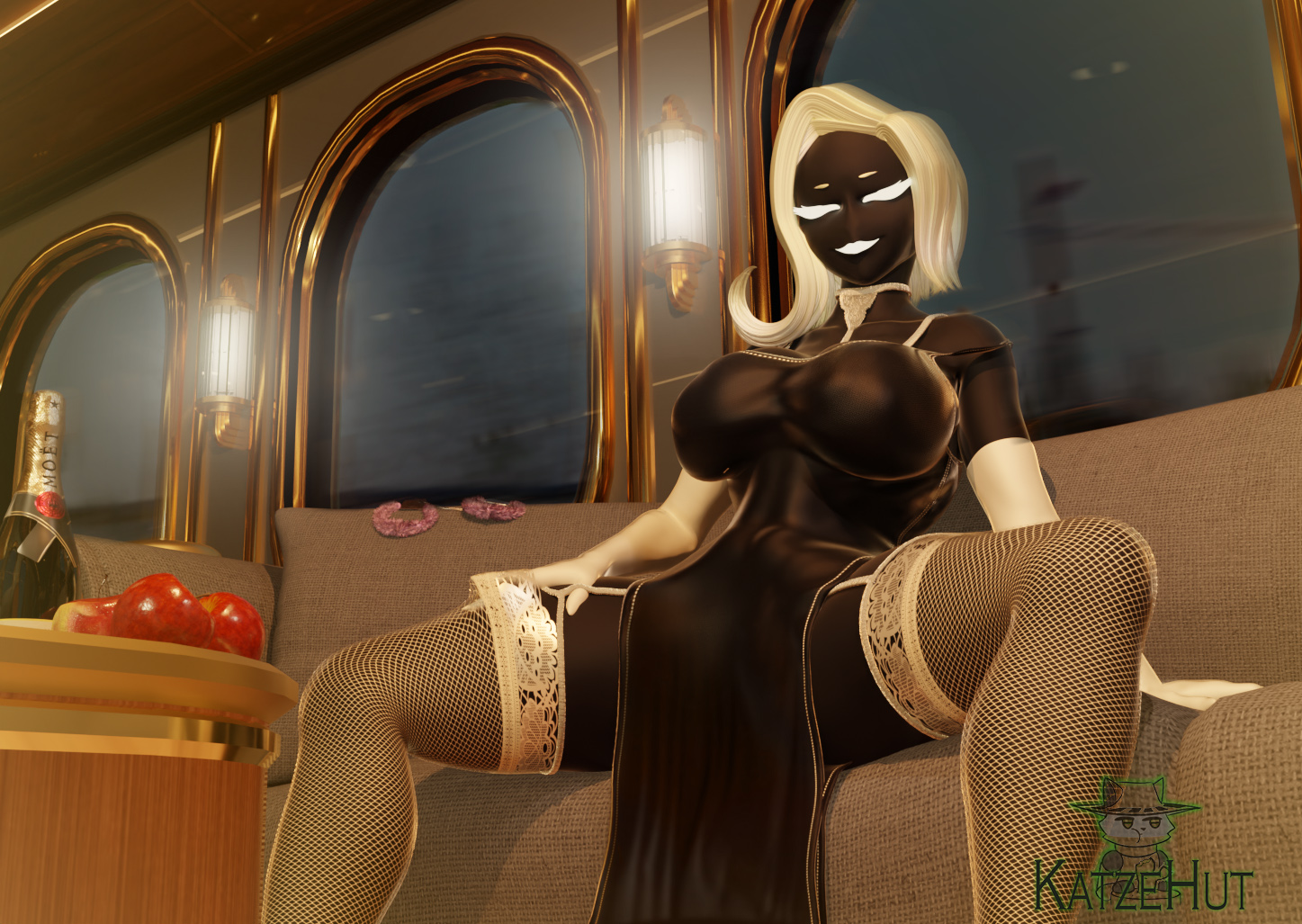 1girls, 3d, beholder (series), beholder conductor, breasts, curvy, dark skin, dark-skinned female, dress, female, katzehut, looking at viewer, michelle shimanskaya, solo, solo female, spread legs, wide hips