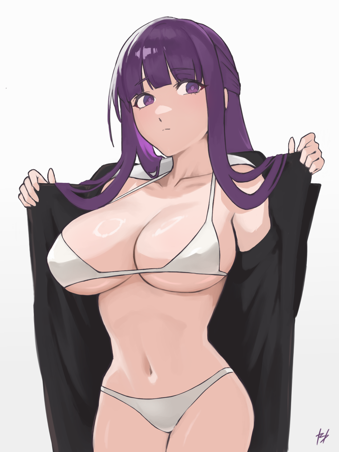 1girls, adult, adult female, bare belly, bare chest, bare hands, bare hips, bare legs, bare midriff, bare navel, bare shoulders, bare skin, bare thighs, belly, belly button, big breasts, bikini, bikini bottom, bikini top, blank expression, blank eyes, blank stare, blunt bangs, breasts, busty, busty female, collarbone, emotionless, exposed belly, exposed chest, exposed hips, exposed legs, exposed midriff, exposed navel, exposed shoulders, exposed skin, exposed thighs, exposing, exposing chest, exposing self, eyebrows visible through hair, female, female focus, female only, fern (sousou no frieren), fingers, fukuya art, groin, halterneck, high resolution, highres, hourglass figure, large breasts, lean figure, long hair, looking at viewer, mature, mature female, midriff, narrow waist, navel, neutral expression, nipple bulge, plump breasts, purple eyebrows, purple eyes, purple hair, purple-eyed female, purple-haired female, shoulders, showing chest, simple background, slender body, slender waist, slim waist, solo, sousou no frieren, standing, string bikini, swimsuit, swimwear, thighs, upper body, white background, wide hips