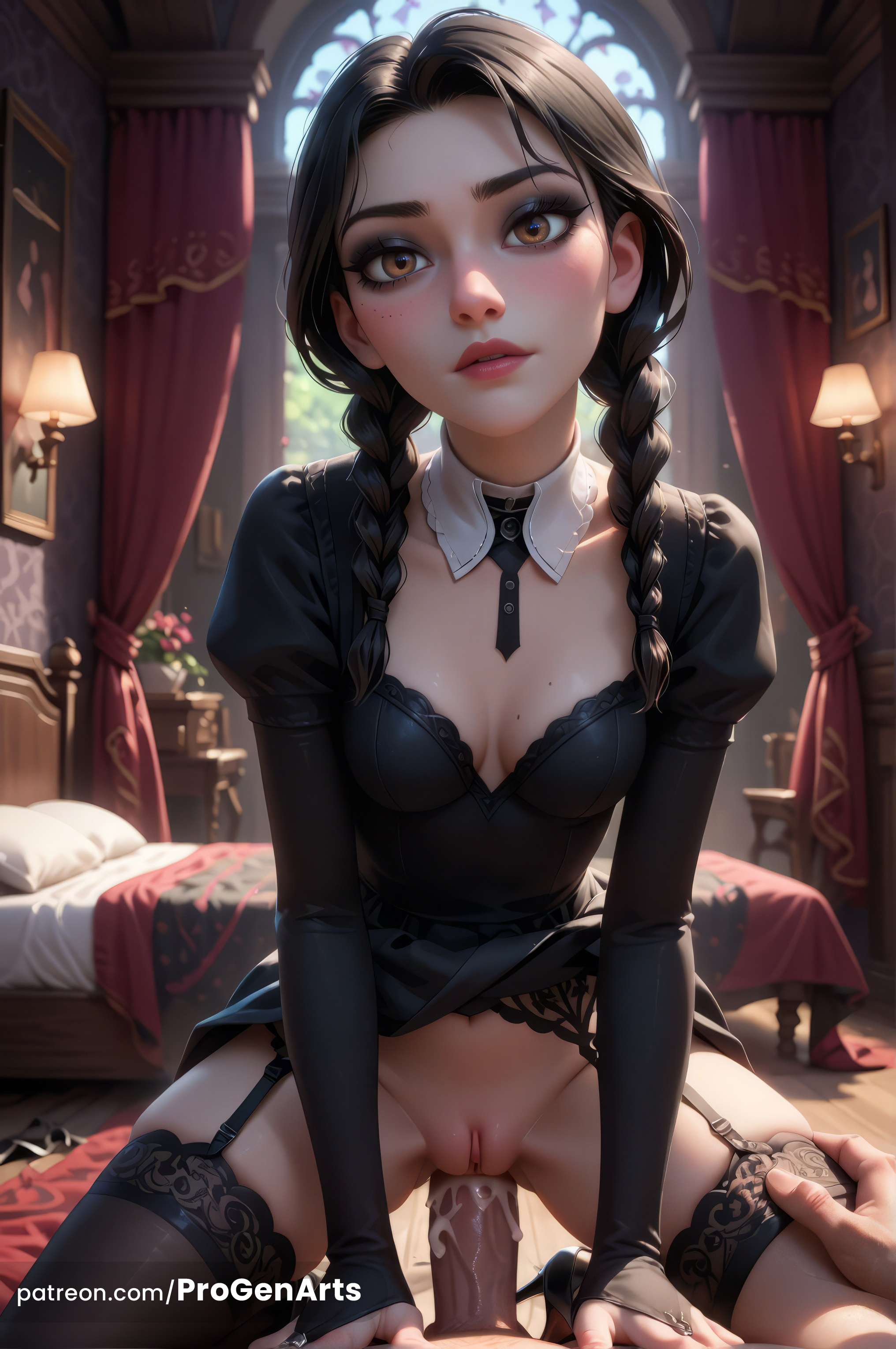 1boy, 1girls, ai generated, artist name, bed, black hair, black thighhighs, braid, breasts, bridal gauntlets, brown eyes, cleavage, clothed sex, clothes lift, cowgirl position, cum, curtains, detached collar, dress, dress lift, female, garter belt, garter straps, hi res, indoors, lamp, lips, long hair, looking at viewer, male, medium breasts, mole, mole on breast, necktie, nose, parted lips, patreon username, penis, pov, progenarts, pussy, sex, small breasts, solo focus, spread legs, straddling, straight, the addams family, thigh grab, thighhighs, twin braids, twintails, uncensored, underwear, vaginal penetration, veins, web address, wednesday addams, window