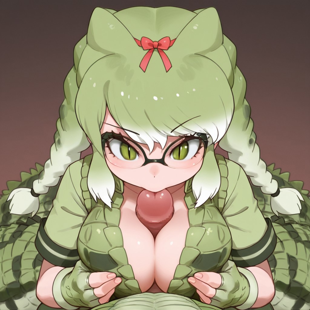 ai_generated alligator alligatorid alligatorid_humanoid anthro_on_human civitai crocodile_tail crocodilian floating_penis glasses green_hair half_animal kemono_friends paizuri paizuri_lead_by_female penis_between_breasts pov scalie spectacled_caiman_(kemono_friends) sucking_tip titjob
