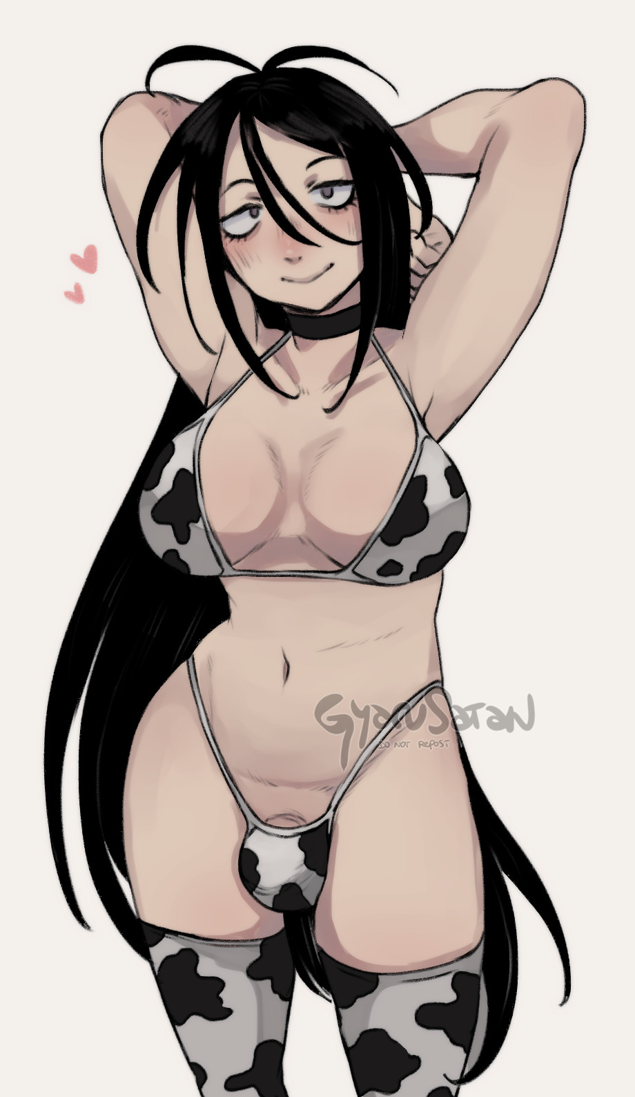 1futa, arms behind head, asahi (gyarusatan), bikini, black hair, blush, breasts, bulge, bulge through clothing, choker, cow print, cow print bikini, cow print thighhighs, futa only, futanari, gyarusatan, heart, hi res, intersex, long hair, looking at viewer, penis, penis peek, smiling, smiling at viewer, solo, thighhighs, white background