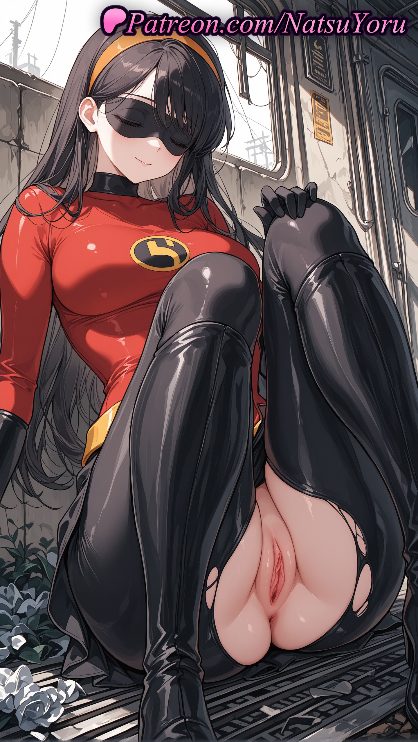 1girls, 2025, ai generated, anus, bangs, black footwear, black gloves, black hair, blindfold, bodysuit, boots, breasts, closed mouth, disney, female, flower, genitals, gloves, hairband, hand on own knee, hi res, highres, large breasts, long hair, looking at viewer, mask, natsuyoru, orange hairband, pantyhose, patreon, pixar, pussy, shiny, sitting, skirt, smile, solo, superhero, the incredibles, the incredibles 2, torn clothes, torn pantyhose, uncensored, vagina, violet parr, voluptuous, voluptuous female, white flower, white rose