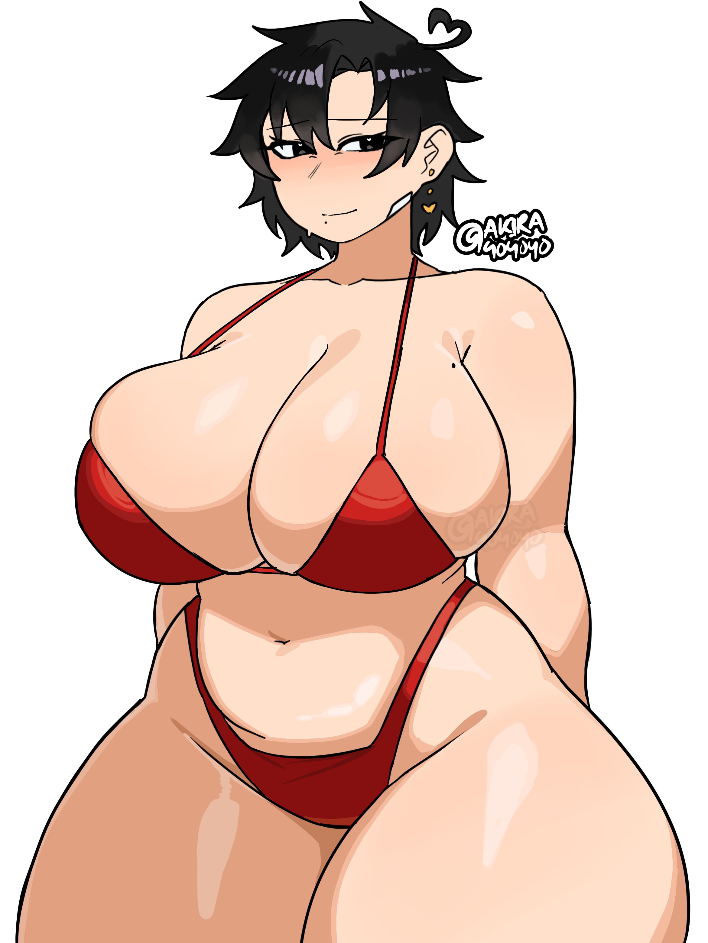 akira404040, artist logo, artist name, big breasts, black eyes, black hair, breasts, chubby, chubby female, cleavage, clothing, female, female only, hi res, huge breasts, mature female, milf, mole under mouth, neru (akira404040), red bikini, red panties, red underwear, short hair, solo, thick thighs, white background