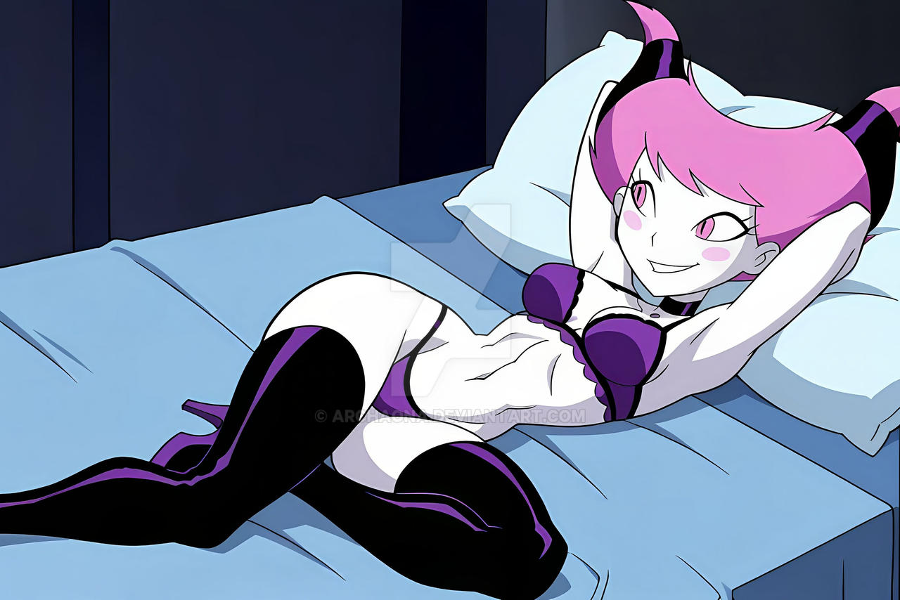 1girls, ai generated, archaona, bed, bikini, black high heel boots, blush, boots, cartoon network, female, female focus, female only, grey skin, high heel boots, hips, indoors, jinx (dc), laying on bed, pillow, pink blush, pink hair, purple bikini, smile, solo, solo female, teen titans, watermark
