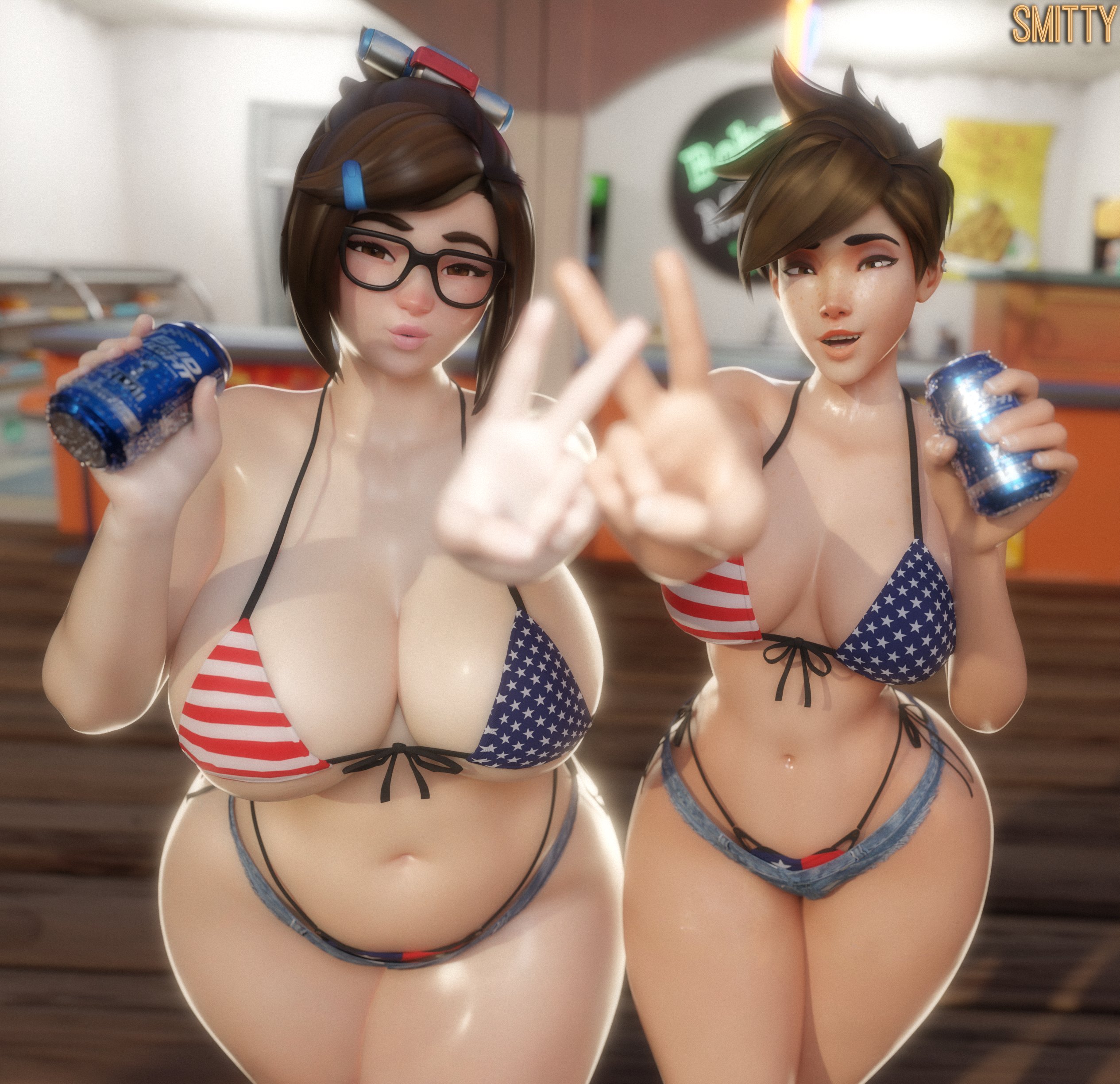 2girls, 3d, american flag bikini, asian female, ass, big ass, big breasts, big butt, bikini, breasts, brown hair, bun hair, clothed, female, female focus, female only, glasses, hourglass figure, huge breasts, large breasts, light skin, light-skinned female, looking at viewer, mei (overwatch), midriff, multiple females, multiple girls, navel, overwatch, smitty34, spiky hair, thick thighs, thighs, tracer, voluptuous female