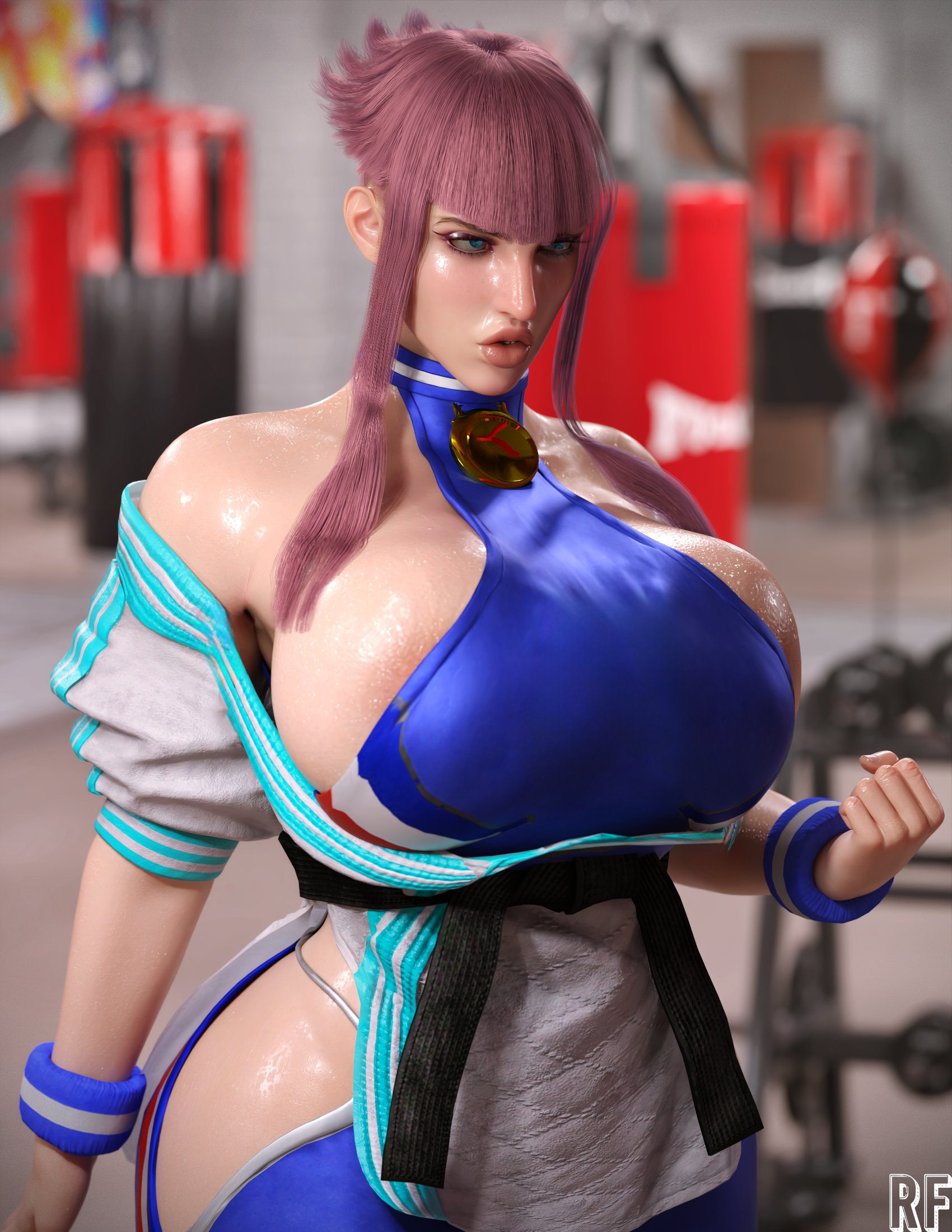 1girls, 3d, alternate breast size, areola slip, big breasts, breasts, clothing, female, gym, huge breasts, manon legrand, rude frog, street fighter, street fighter 6, voluptuous, white female