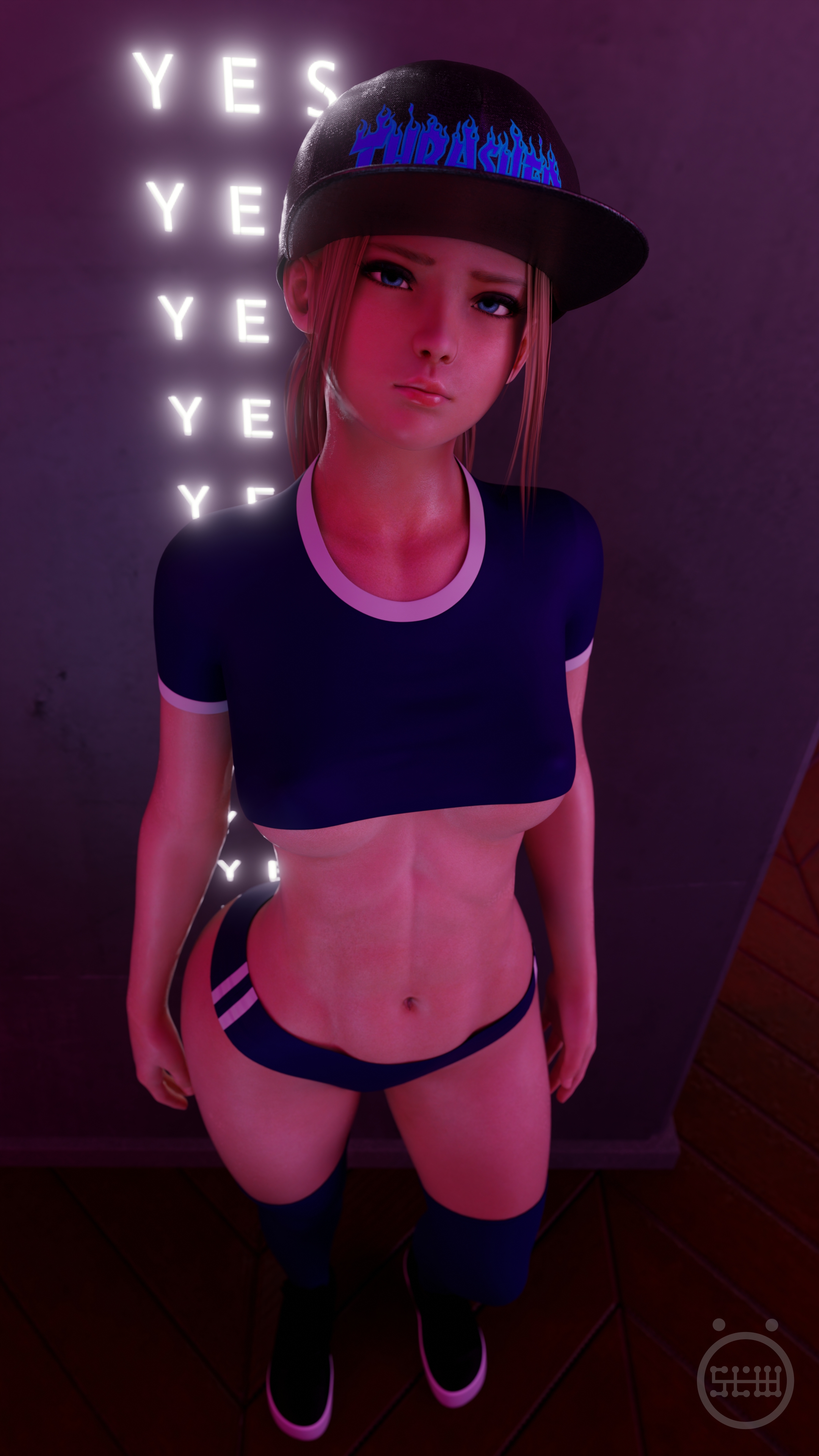 1girls, 3d, abs, blonde hair, blue eyes, breasts, club, dead or alive, female, female only, hat, looking at viewer, marie rose, medium breasts, self upload, skimpy clothes, slow (artist), solo