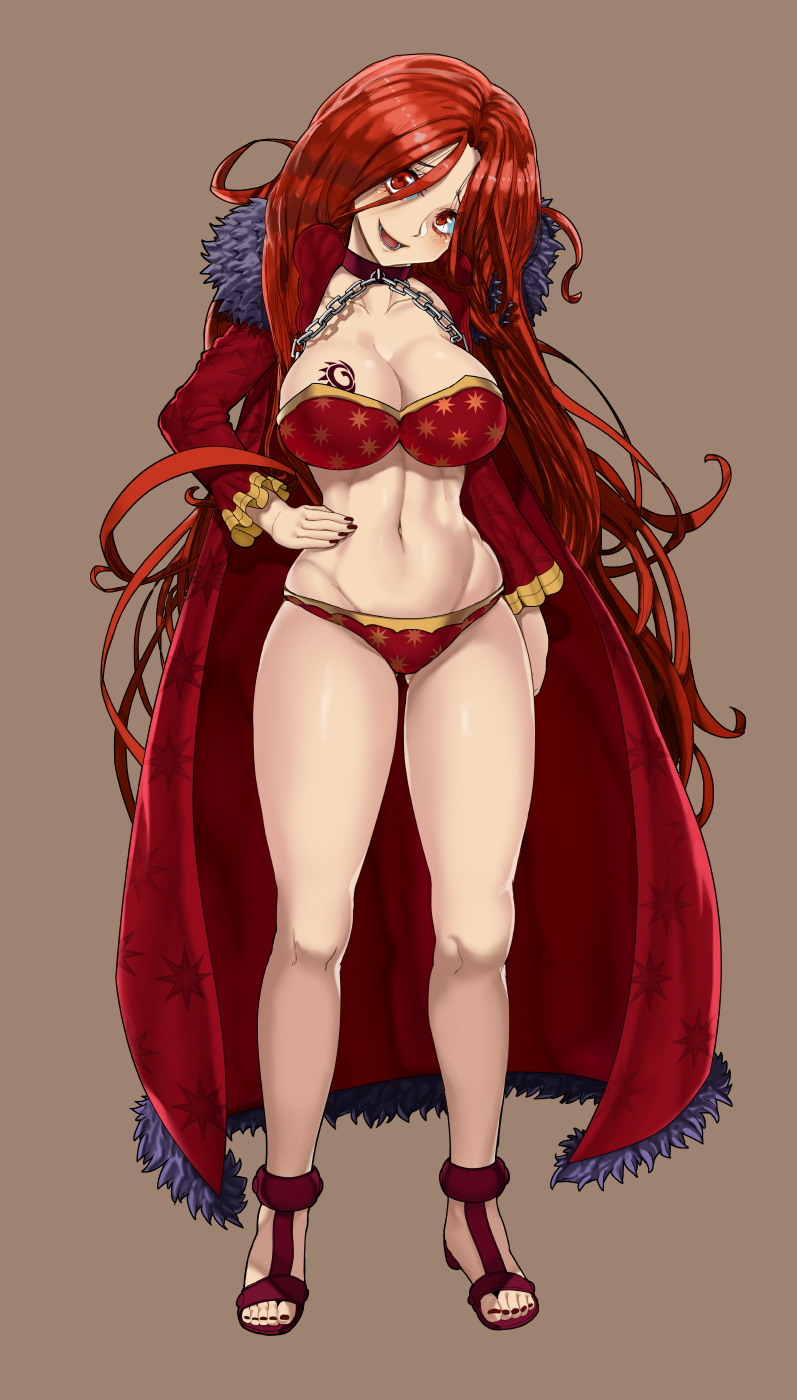 1girls, bikini, blush, brandish mew (cosplay), breast tattoo, breasts, chains, choker, coat, curvy, fairy tail, female, female only, flare corona, full length, full-length portrait, fur coat, fur trim, fur-trimmed coat, heels, large breasts, long hair, nail polish, navel, open mouth, open smile, portrait, red eyes, red hair, red tattoo, red-haired female, sandals, shiny skin, solo, standing, tattoo, thegoldensmurf, toned, toned female, wide hips