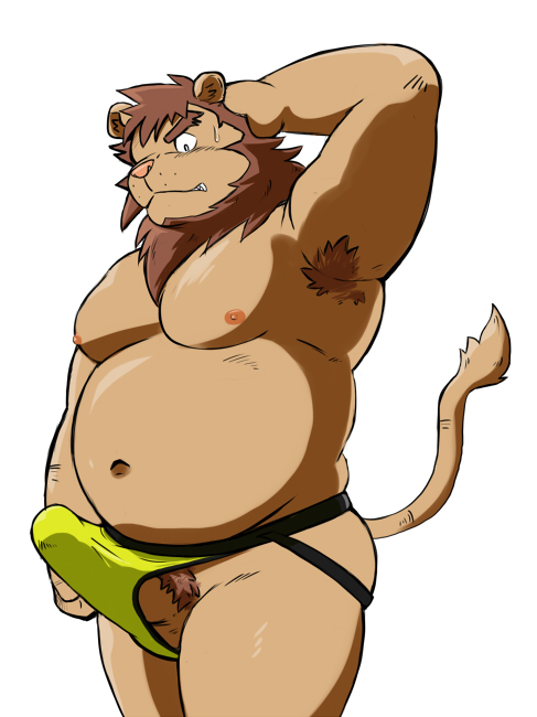 1boy anthro armpit_hair armpits clothing erection feline hand_behind_head jockstrap lion male male_only mammal shiba-kenta simple_background solo sweat_drop underwear yellow_underwear