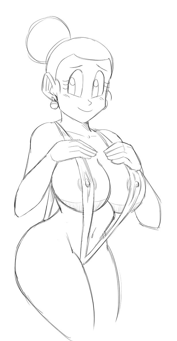 2d, chichi, chichi (majin buu saga), dragon ball, dragon ball z, erect nipples, female, full color, funsexydragonball, monochrome, nipples, no penetration, sling bikini, solo, solo female