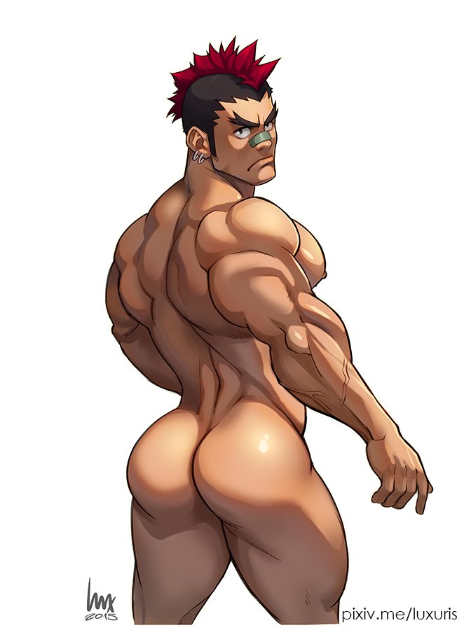 1boy 2015 ass back back_muscles back_view bandage bandage_on_face bandage_on_nose bara big_ass brown_hair bubble_ass bubble_butt color ear_piercing earrings human human_only kill_la_kill kinagase_tsumugu looking_at_viewer luxuris male male_focus male_only multicolored_hair muscle muscles muscular muscular_legs muscular_male nipples nude nude_male pecs piercing pose posing red_eyes sidepec simple_background solo standing thick_eyebrows veiny_muscles white_background yaoi