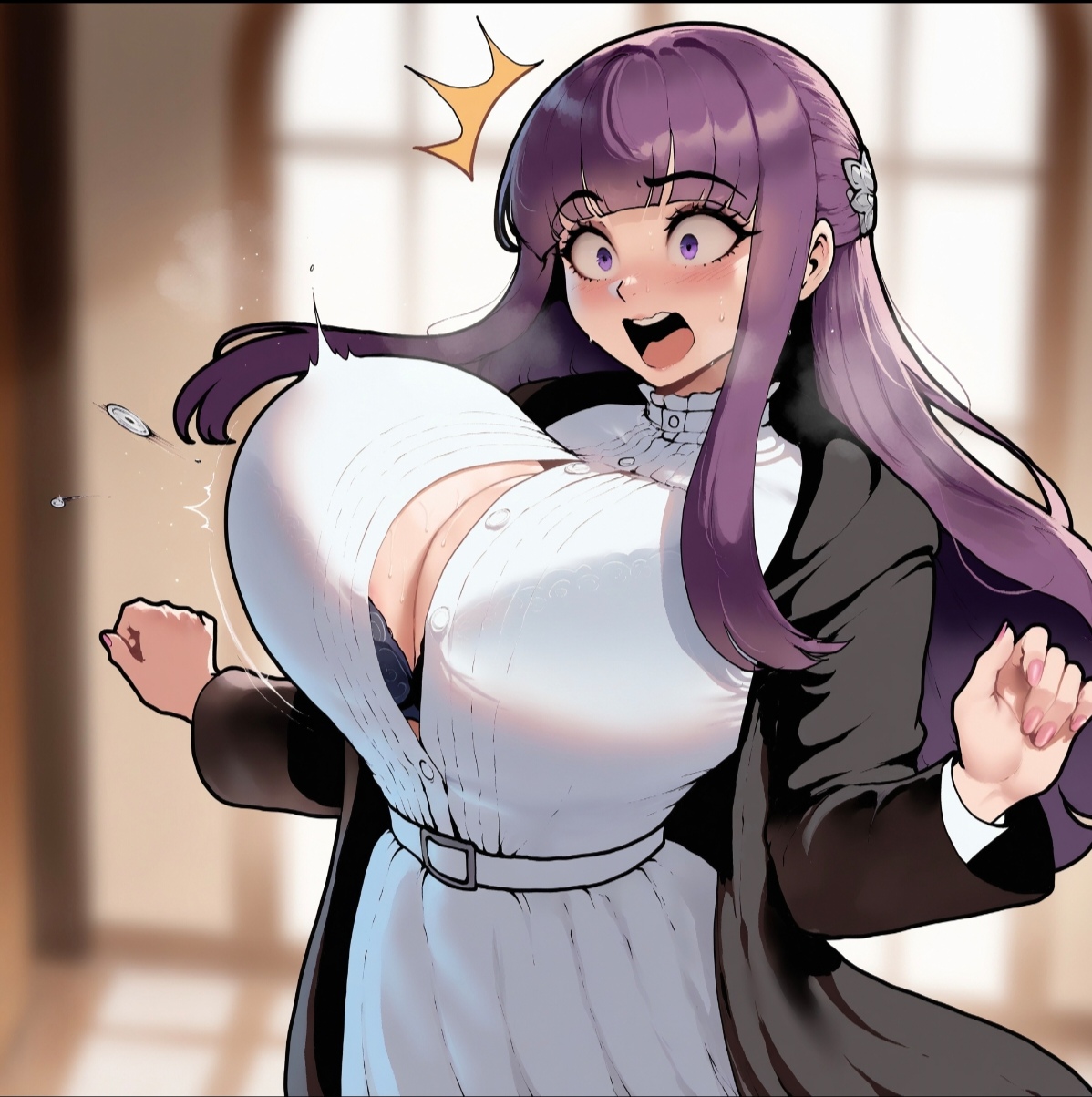ai generated, big breasts, breasts, bursting breasts, busty, female, fern (sousou no frieren), floox, inconvenient breasts, massive breasts, sousou no frieren, surprised, wardrobe malfunction