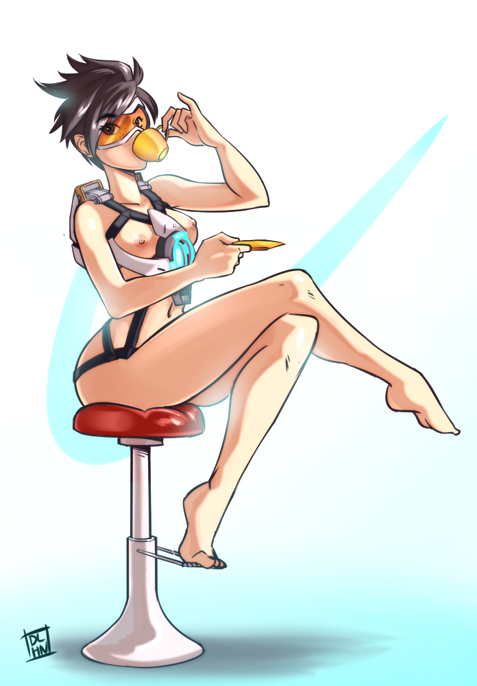 1girls 2d adapted_costume areolae barefoot breasts brown_hair casual chronal_accelerator cup dalehan drink eyewear feet female female_only goggles gradient_background happy_female human legs_crossed navel nipples overwatch short_hair sitting solo spiked_hair super_speed teacup toes tracer