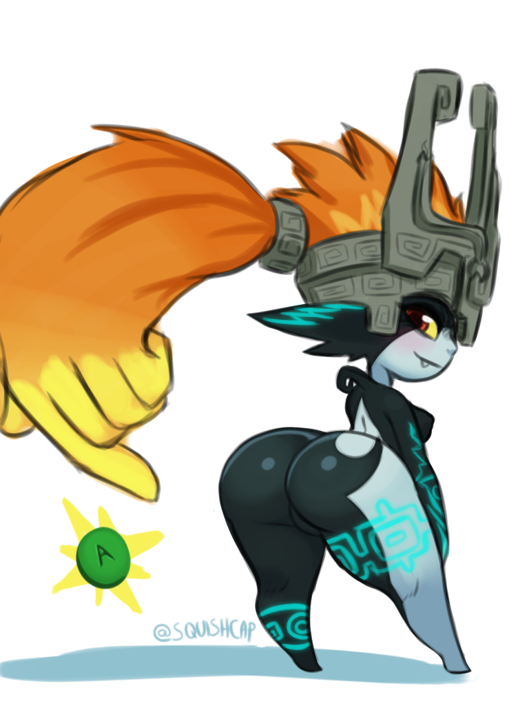 1girls artist_signature ass big_ass curvy glowing_markings helmet_only midna orange_hair prehensile_hair red_eyes short_stack shortstack squishcap_(artist) the_legend_of_zelda thick_thighs twilight_princess two_tone_body