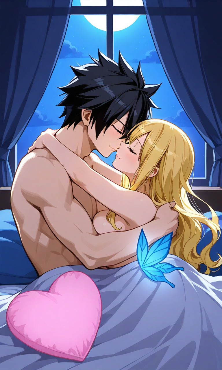 ai_generated black_hair blonde_hair curly_hair fairy_tail gray_fullbuster lucy_heartfilia pixai sleeping_together wholesome