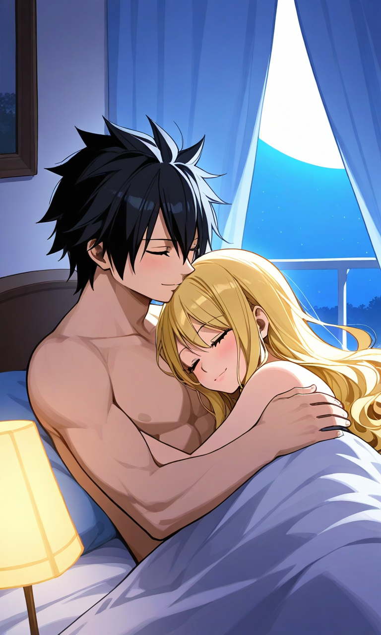 ai_generated black_hair blonde_hair curly_hair fairy_tail gray_fullbuster lucy_heartfilia pixai sleeping_together wholesome