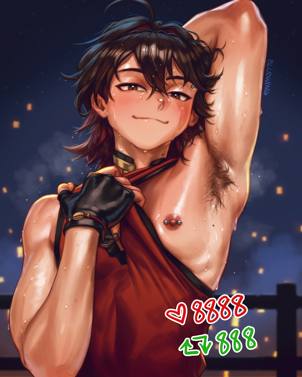 arm_behind_head armpit armpit_hair armpits bludwing blush blush exposed_armpits exposed_nipples gaming_(genshin_impact) gay genshin_impact hairy_armpits hand_behind_head male male_only nipple nipple_piercing pierced_nipples pulling_shirt shirt_pull solo_male sweat sweatdrop sweating sweaty sweaty_armpits