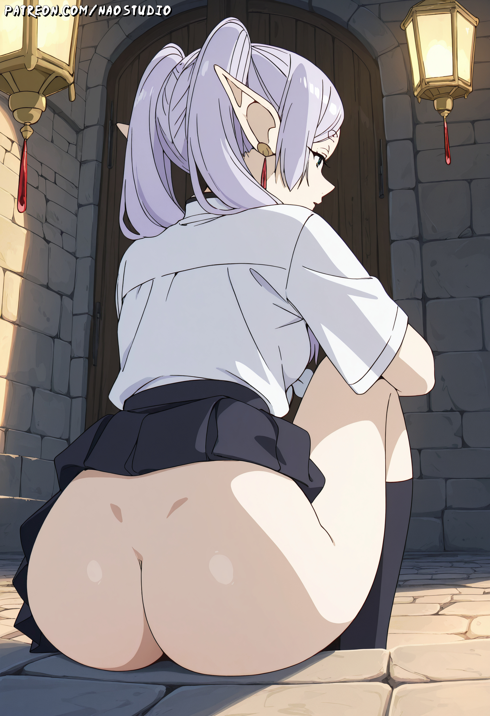ai generated, ass, dat ass, elf, frieren, green eyes, long hair, naked, naostudio, nsfw, petite, pointy ears, sitting, small breasts, sousou no frieren, twintails, white hair