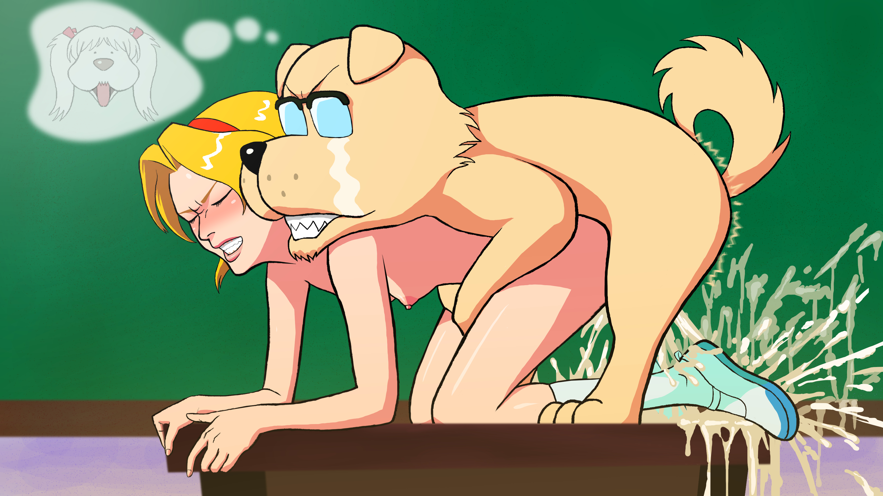bestiality, blonde hair, closed eyes, cum, cum in pussy, cum inside, doggy style, female, hirudega, interspecies, pussy, vaginal sex, zoophilia