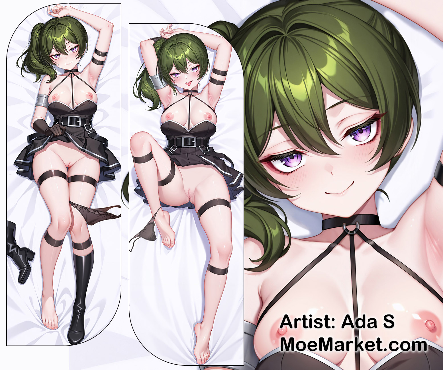 1girls, armpits, breasts, dakimakura, female, green hair, looking at viewer, nipples, short hair, solo, sousou no frieren, ubel (sousou no frieren)