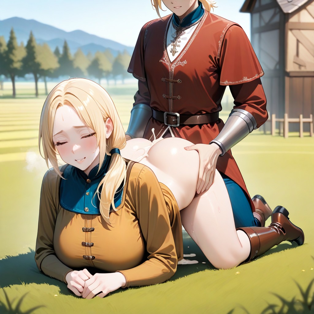 1boy ai_generated big_ass big_breasts blonde_hair boots closed_eyes clothed_sex cum_in_pussy doggy_style dripping_cum farm female incest low_ponytail medieval mother_and_son on_all_fours on_ground outdoors penetration steaming_body straight