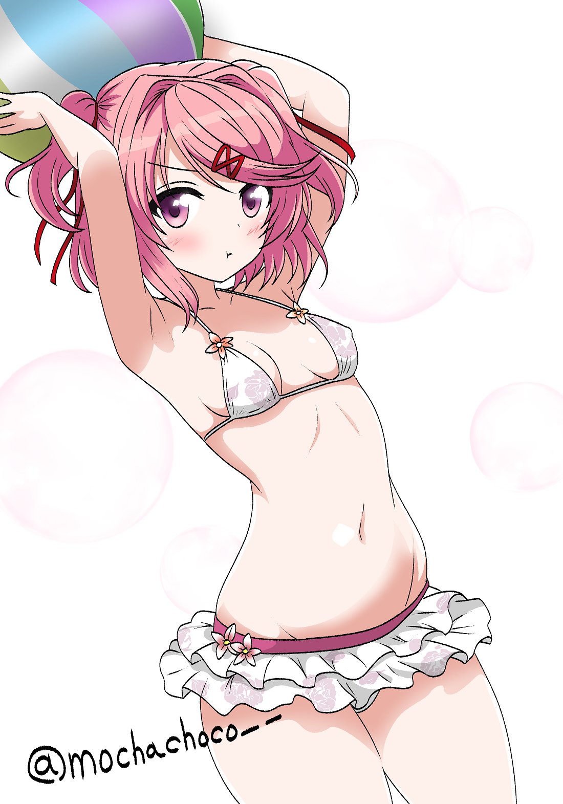 1female 1girls breasts doki_doki_literature_club mochachoco natsuki_(doki_doki_literature_club) navel pink_eyes pink_hair swimwear