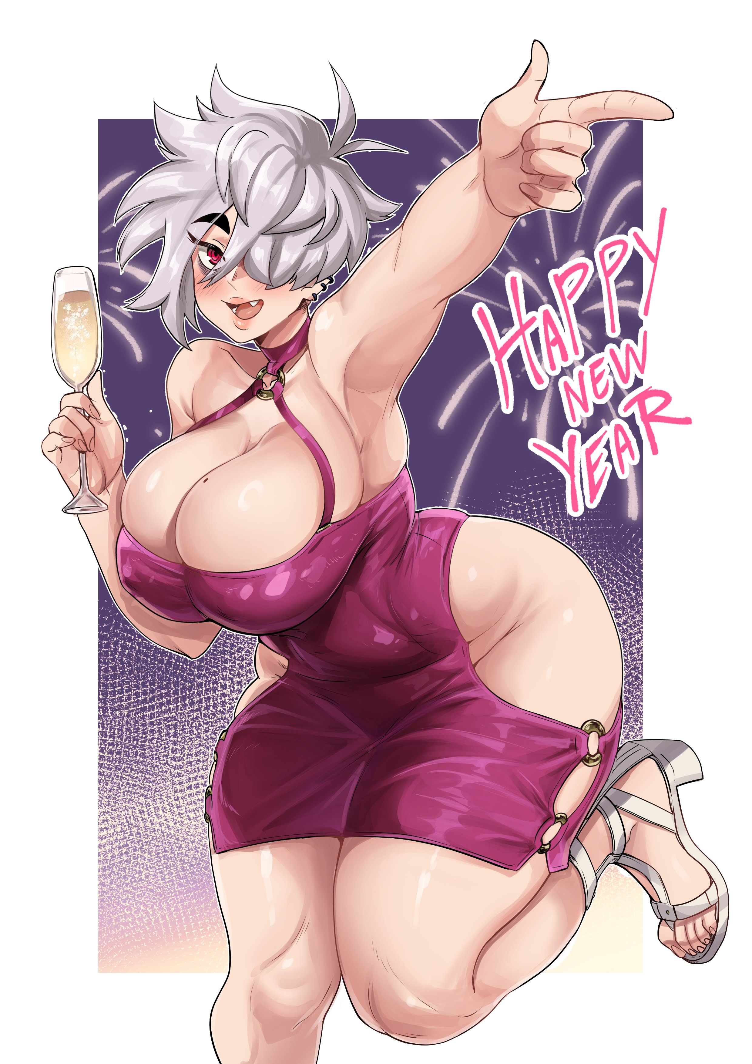 1girls, aunt, aunt hellen (insouwu), belly, big breasts, blush, breasts, child bearing hips, chubby, chubby female, cute fang, dress, earrings, fangs, female, hair over one eye, insouwu, massive breasts, mature female, milf, mole on breast, new year 2025, no bra, piercing, pose, red eyes, short hair, thick, thick hips, thick legs, thick thighs, tomboy milf, white body, white hair, white skin