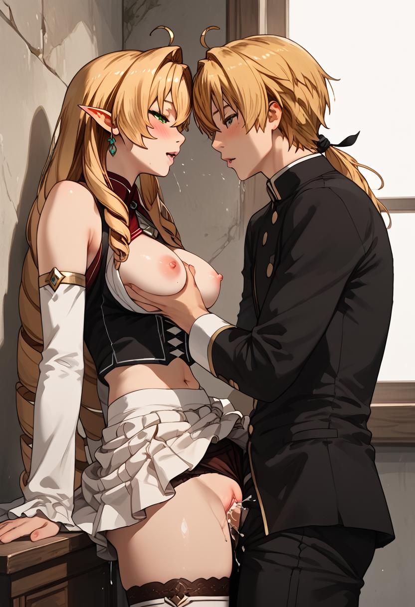 1boy against_wall ai_generated bare_shoulders blonde_hair blush breast_grab breasts breasts_outside cum cum_in_pussy detached_sleeves earrings elinalise_dragonroad female grabbing green_eyes jewelry long_hair long_sleeves looking_at_another miniskirt mushoku_tensei nipples panties penis pointy_ears rudeus_greyrat sex skirt standing straight thighhighs underwear vaginal_penetration