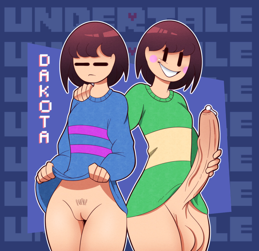 1cuntboy 1futa 2d artist_request balls before_sex big_penis bottomless breasts brown_hair chara clothed clothing cuntboy dakota dakota018 duo erection female_frisk frisk futanari genderswap huge_cock human intersex large_penis light-skinned_futanari light-skinned_male light_skin partially_clothed penis pubic_hair short_hair small_breasts source_request standing tagme undertale undertale_(series)