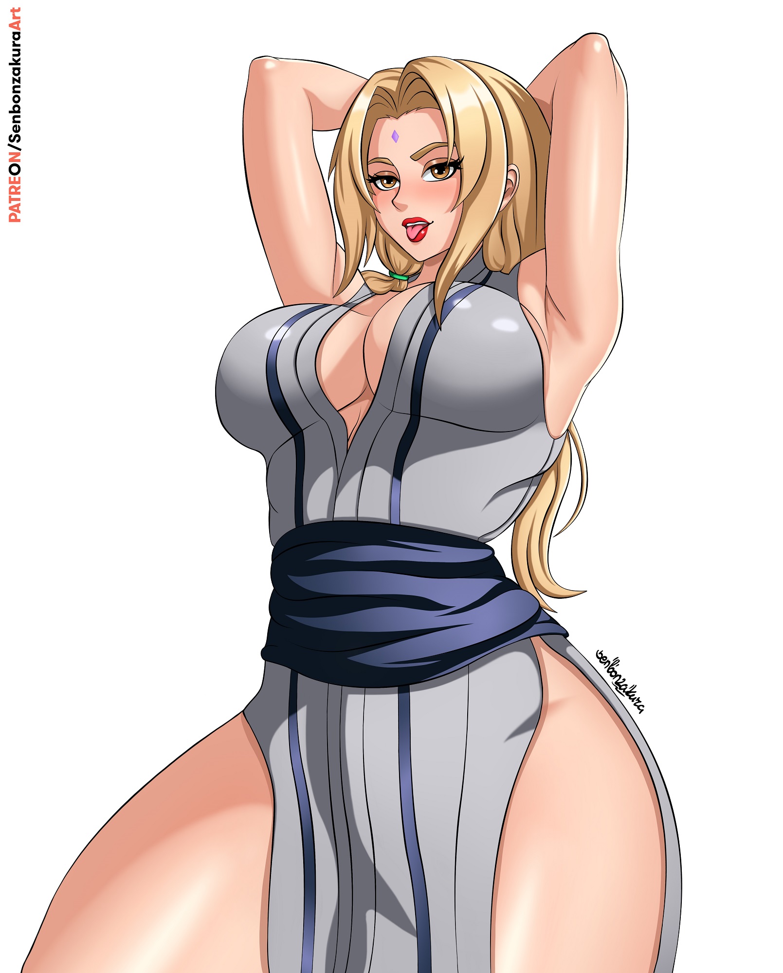 1girls, absurd res, armpits, arms behind head, arms up, balls, big breasts, bottomless, bottomless female, breasts, facing viewer, female, female focus, female only, front view, high resolution, huge breasts, kimono, large breasts, legs together, male, mature, mature female, narrow shoulders, naruto, naruto (series), naruto shippuden, no pants, partially clothed, patreon username, plain background, plump, sagging balls, senbonzakuraart, simple background, smile, solo, thick thighs, thighs, tsunade, url, very high resolution, voluptuous, web address, white background, wide hips