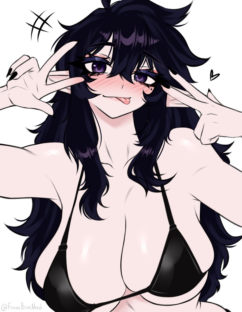 black hair, cleavage, dark hair, elf, elf ears, female, frostbitenerd, huge breasts, large breasts, purple eyes, tagme, traced, traced art