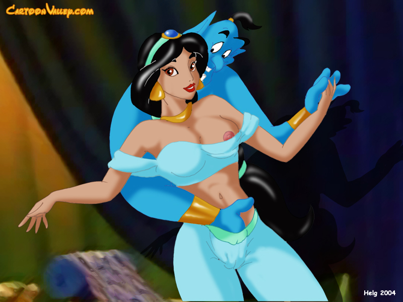 1boy 1girls 2004 aladdin arabian_clothes black_hair cartoonvalley.com color disney disney_princess female female_focus genie_(aladdin) harem_outfit helg male male_focus nipples princess_jasmine teeth