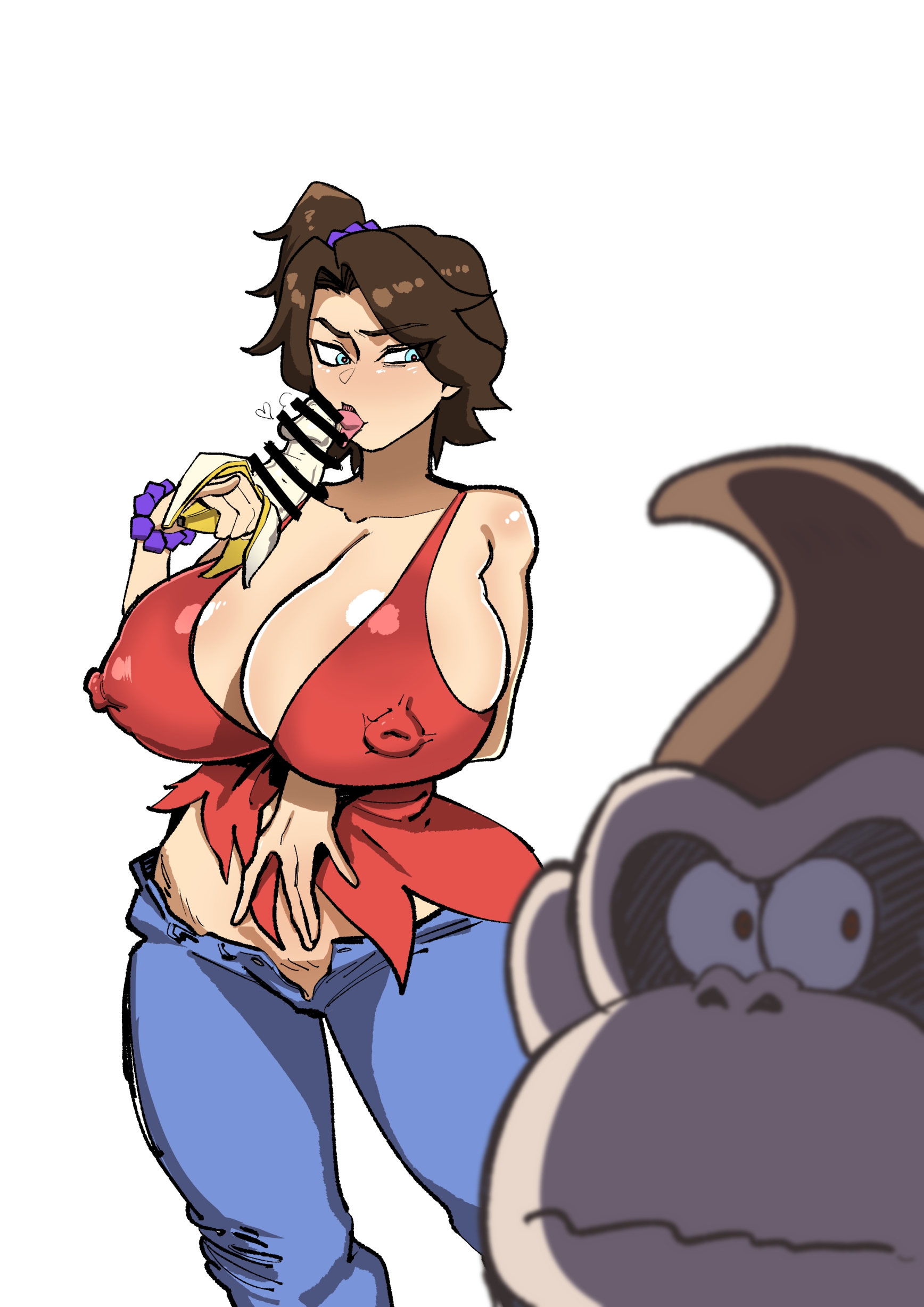 1boy, 1girls, aged up, banana, big breasts, big thighs, breasts, busty, censor bar, donkey kong, donkey kong (series), donkey kong bananza, female, giant breasts, gigantic breasts, hotsaurus, huge breasts, huge thighs, large breasts, large thighs, licking, licking banana, male, mario (series), massive breasts, nintendo, nipple bulge, pauline, penis, size difference, thick thighs, thighs
