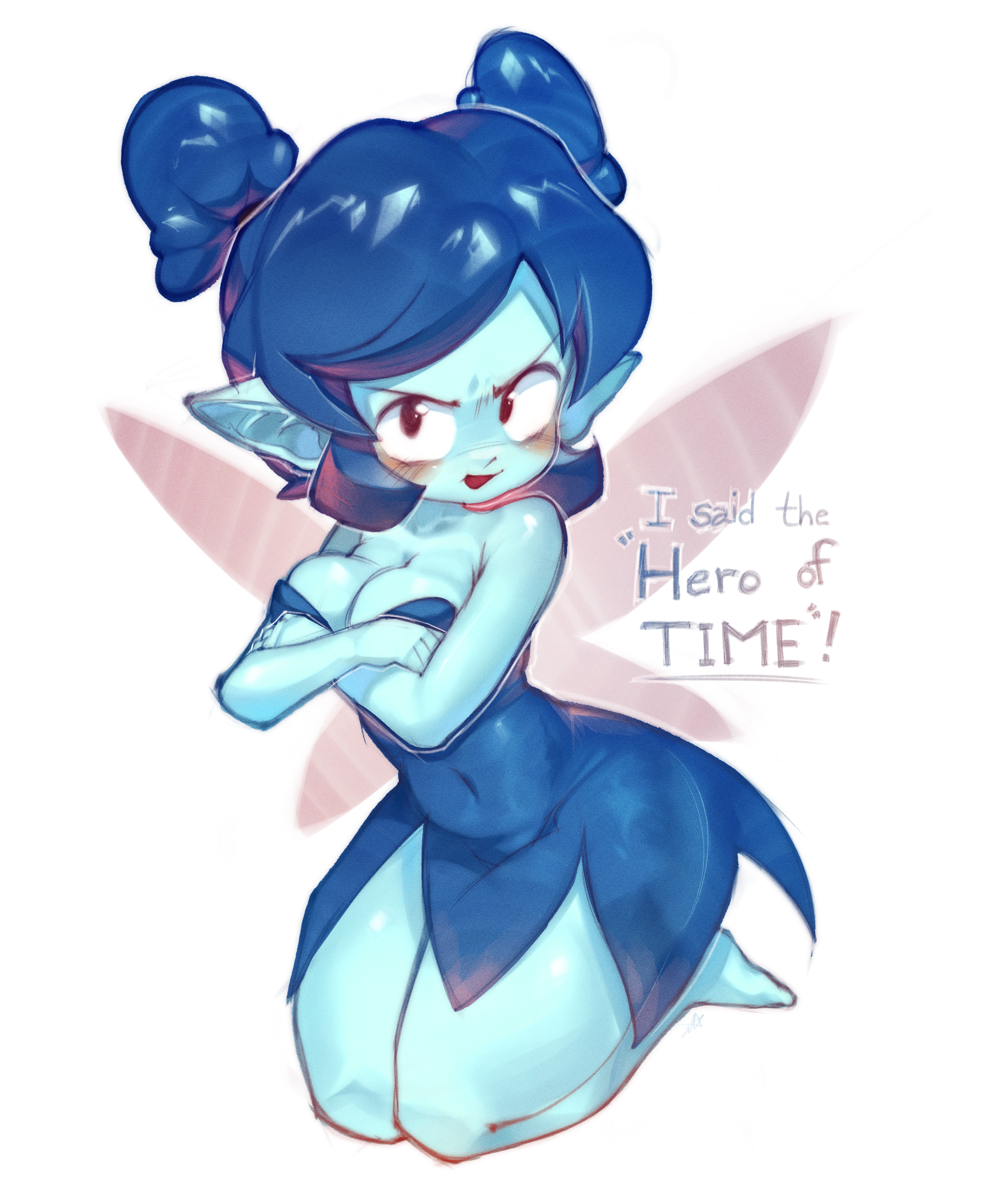 absurdres, bare legs, blue hair, blue skin, colored skin, covered navel, crossed arms, double bun, dress, english text, fairy, fairy wings, female, hair bun, highres, legs together, navi, ocarina of time, onimiere, personification, png, pointy ears, pout, short dress, solo, starbomb, strapless, strapless dress, the legend of zelda, thick thighs, thighs, wide hips, wings