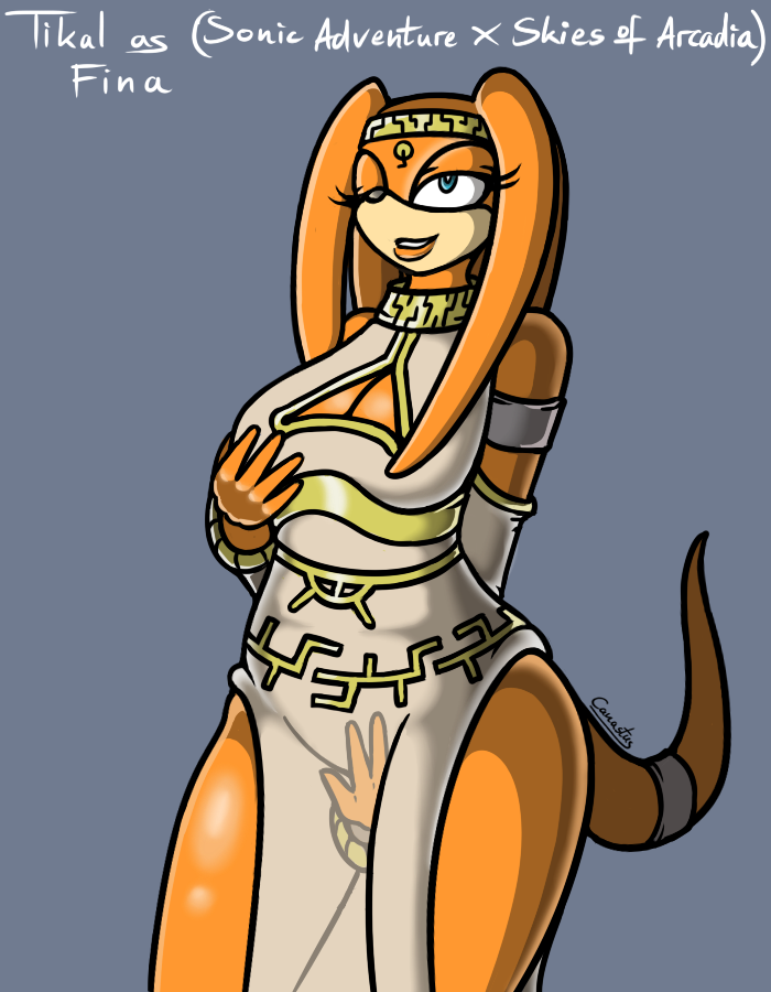 blue_eyes breasts canastus cosplay crossover female fina_(skies_of_arcadia) hair long_dress masturbation one_eye_closed orange_hair sega skies_of_arcadia solo sonic_(series) sonic_adventure tikal_the_echidna video_games wide_hips