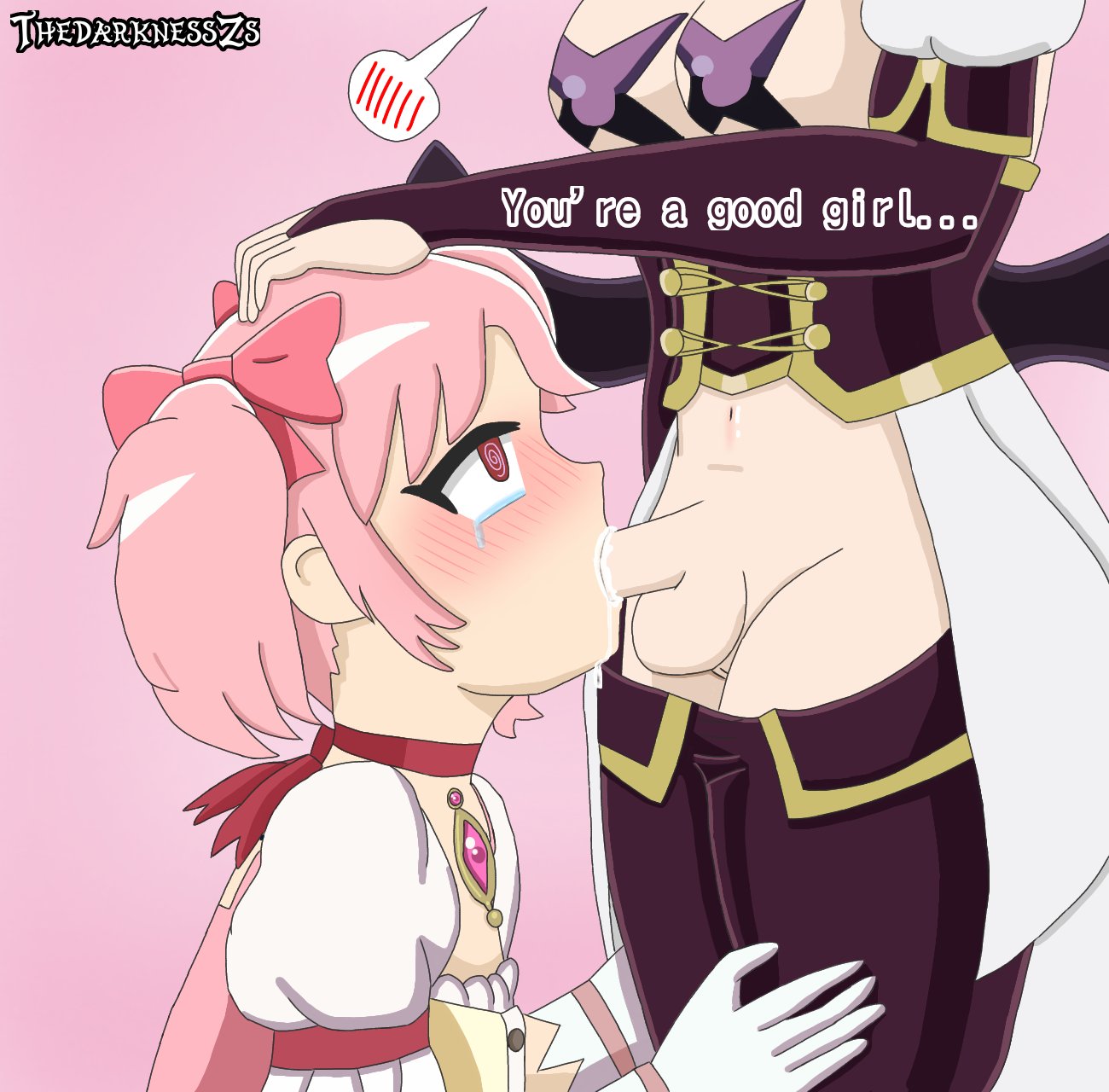 1futa, 1girls, balls, bitch, blowjob, blush, blush lines, breasts, crossover, crying, crying while sucking, crying with eyes open, cum, cum in mouth, cum inside, defeat, defeated, defeated female, defeated heroine, fellatio, female, forced, forced blowjob, forced fellatio, forced oral, forcing, futanari, gloves, gushing over magical girls, hair bows, hairbow, hand on another's head, head out of frame, hiiragi utena, intersex, kaname madoka, lower body, madoka kaname, magia baiser, magical girl, mahou shoujo madoka magica, mahou shoujo ni akogarete, medium breasts, oral, owned bitch, pasties, penis, penis in mouth, petting, pink background, pink eyes, pink hair, puella magi madoka magica, soul gem, speech bubble, star pasties, swirl, swirly eyes, tears, testicles, text, thedarknesszs