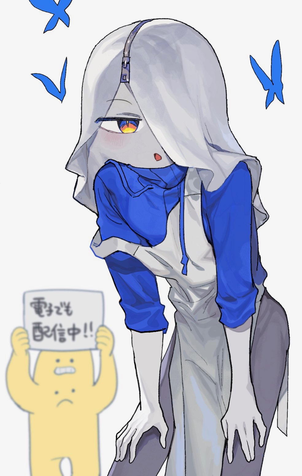 apron blue_eyes devil femboy hanaya_(sakoku) humanoid japanese_text oc_(sakoku) orange_eyes sakoku sweater yellow_eyes