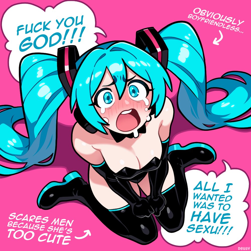 2025 blue_eyes blue_hair blush breasts cleavage crying deus_vulv female female_only hatsune_miku long_hair on_knees pink_background tears text thighhigh_boots tied_hair vocaloid