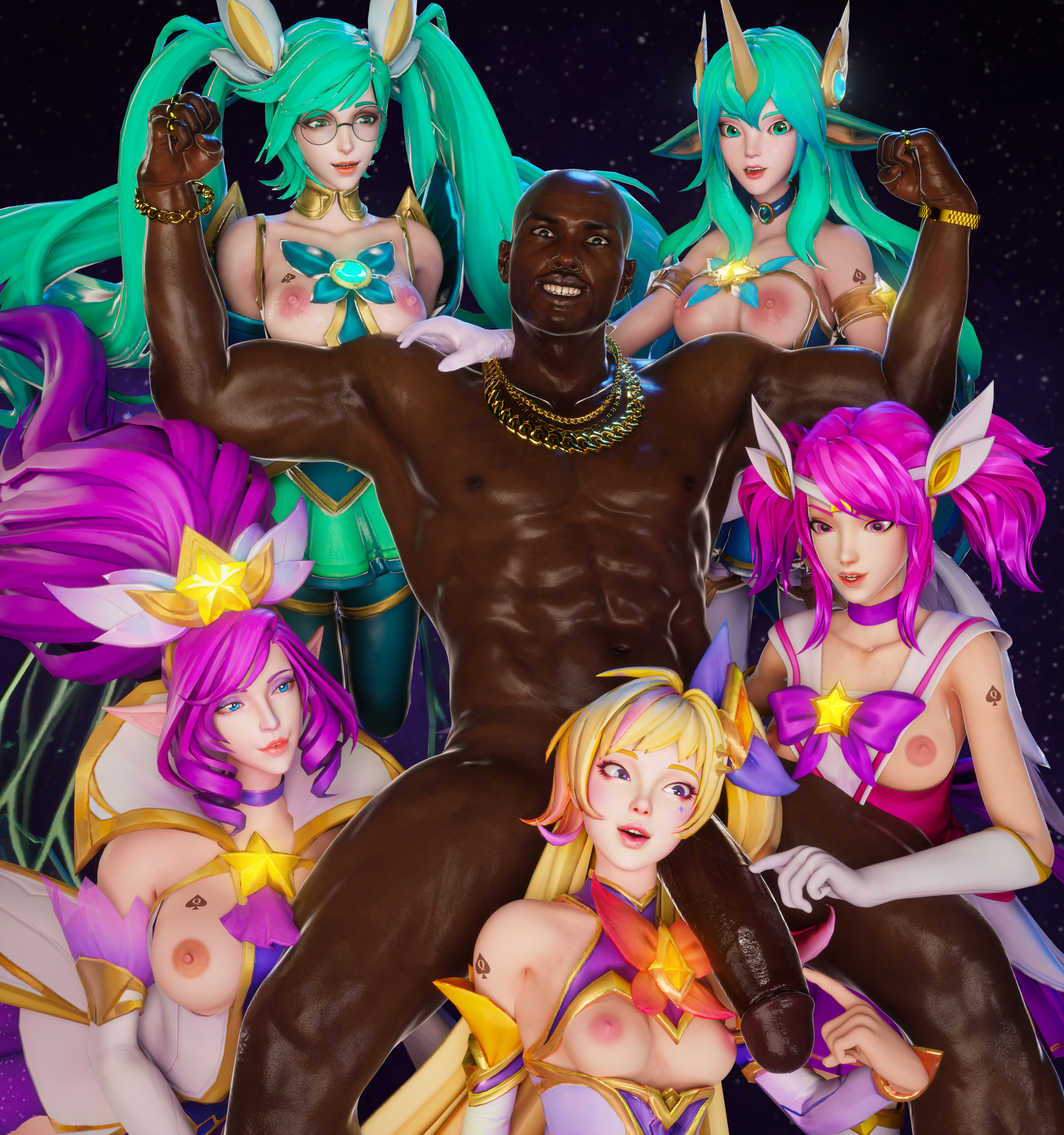 3d, absurdly large cock, celestial (league of legends), dark skin, dark-skinned male, female, interracial, janna windforce, league of legends, league of legends: wild rift, luxanna crownguard, male, oragkkkk, penis, queen of spades, seraphine (league of legends), sona buvelle, soraka, star guardian janna, star guardian lux, star guardian seraphine, star guardian series, star guardian sona, star guardian soraka