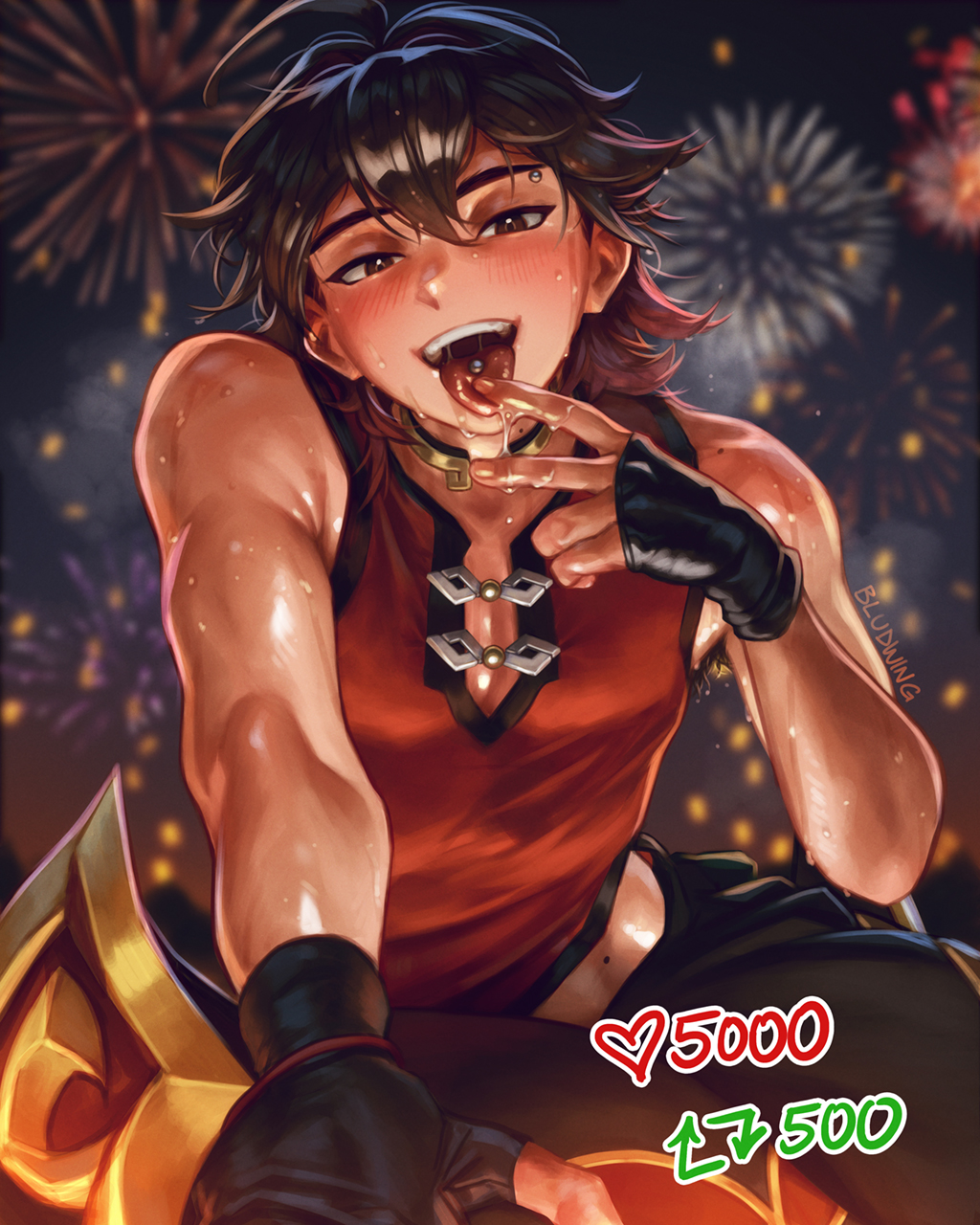 1boy bludwing blush drool drooling finger_on_tongue gaming_(genshin_impact) genshin_impact male male_only muscular_arms pierced_tongue saliva solo solo_male sweat sweatdrop sweating sweaty tongue tongue_out tongue_piercing