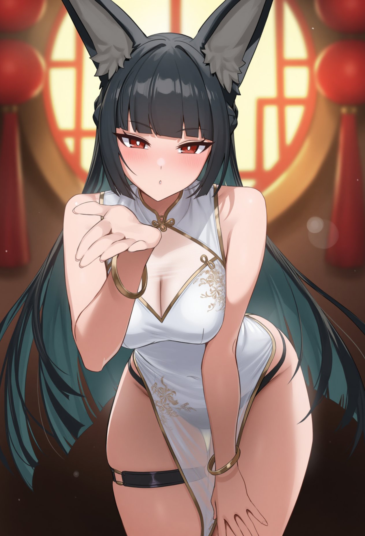 1girls ai_generated black_hair blowing_kiss breasts china_dress chinese_clothes cleavage fox_ears fox_girl hips hoshimi_miyabi panties pelvic_curtain qipao red_eyes wide_hips zenless_zone_zero