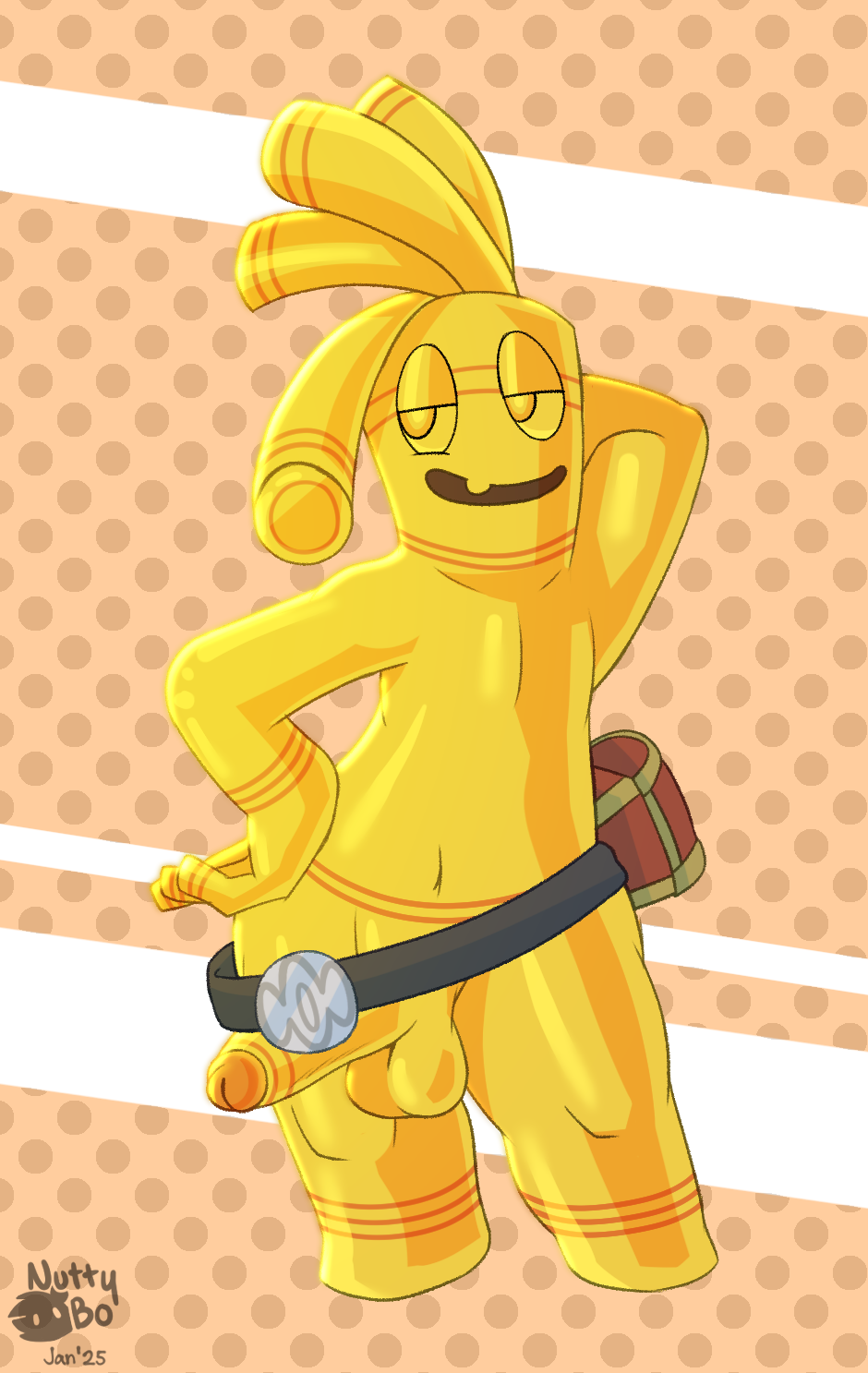 balls belt circumcised generation_9_pokemon genitals gholdengo gold_(metal) hi_res humanoid_genitalia humanoid_penis looking_at_viewer male nintendo nude nutty_bo open_mouth penis pokemon pokemon_(species) pose simple_background smile yellow_body