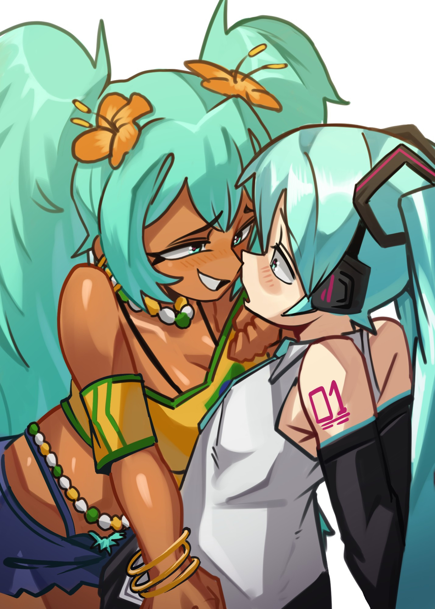 2girls, aqua eyes, aqua hair, arms behind back, assertive, assertive female, bare shoulders, black sleeves, blue eyes, blue hair, blush, bra, bracelet, brazilian flag, brazilian miku, breast press, breasts, busty female, cleavage, crop top, crossover, cupping chin, curvy female, cyan hair, cyan pubes, cyan pubic hair, dark skin, dark-skinned female, detached sleeves, dual persona, earrings, eye contact, face-to-face, female, flower, flower in hair, green eyes, grin, hair flower, hair ornament, hand on chin, hatsune miku, headphones, hibiscus, human, human only, imminent kiss, jewelry, light-skinned female, long hair, looking at another, moxydraws, moxydrawsmore, multiple girls, necklace, necktie, open mouth, pubes, selfcest, shiny skin, shirt, shorts, shoulder tattoo, skirt, sleeveless, sleeveless shirt, small breasts, smile, tan body, tattoo, tie, twintails, very long hair, white background, white clothing, yellow clothing, yuri