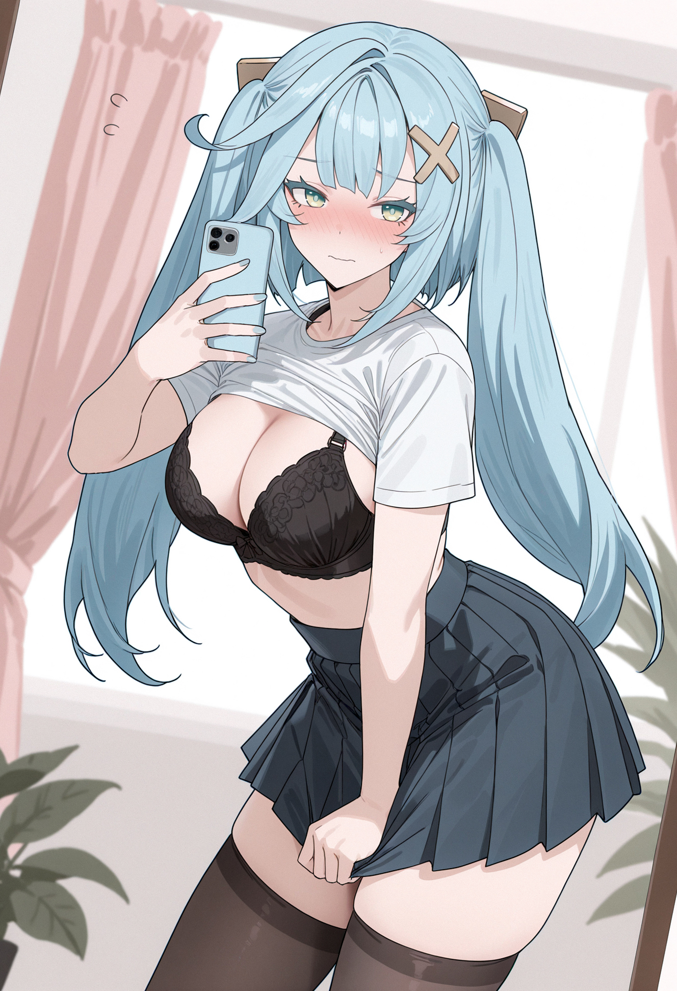 big breasts, blue eyes, blue hair, breasts, embarrassed, faruzan (genshin impact), female, female only, genshin impact, green eyes, huge breasts, huge thighs, skirt, thighs, twintails, yellow eyes