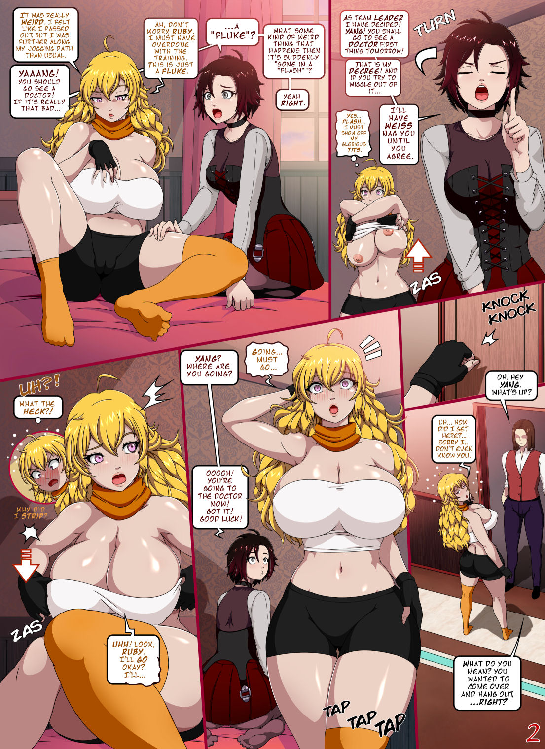 2girls bare_shoulders big_ass big_breasts black_hair blonde_female blonde_hair breasts breasts_bigger_than_head comic english_text female handjob huge_breasts hypnosis legs_apart long_hair long_hair_female mind_control nipples on_bed page_2 page_number removing_clothing ruby_rose rwby short_hair socks stormfeder thighhighs yang_xiao_long yellow_socks